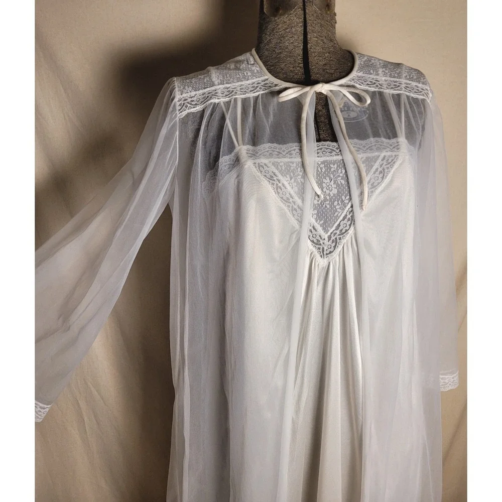 Vintage 60s‎ 70s Peignoir Nightgown Set Bed Coat White Bridal Slip M Gilead